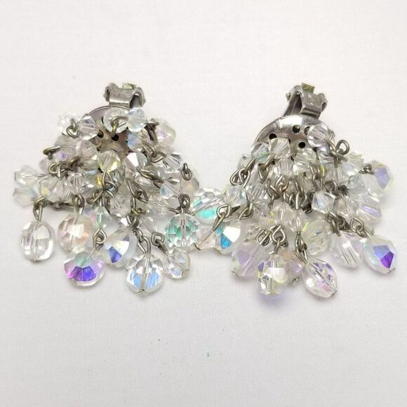 Vintage Hobe Beaded Clear Glass AB Fringe Dangle Clip On Earrings, Signed - Picture 2 of 7